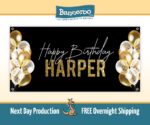 Black and Gold Happy Birthday Banner with Balloons