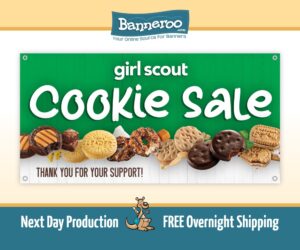Girl Scout cookie sale banner with green background, white lettering and high resolution cookie photos